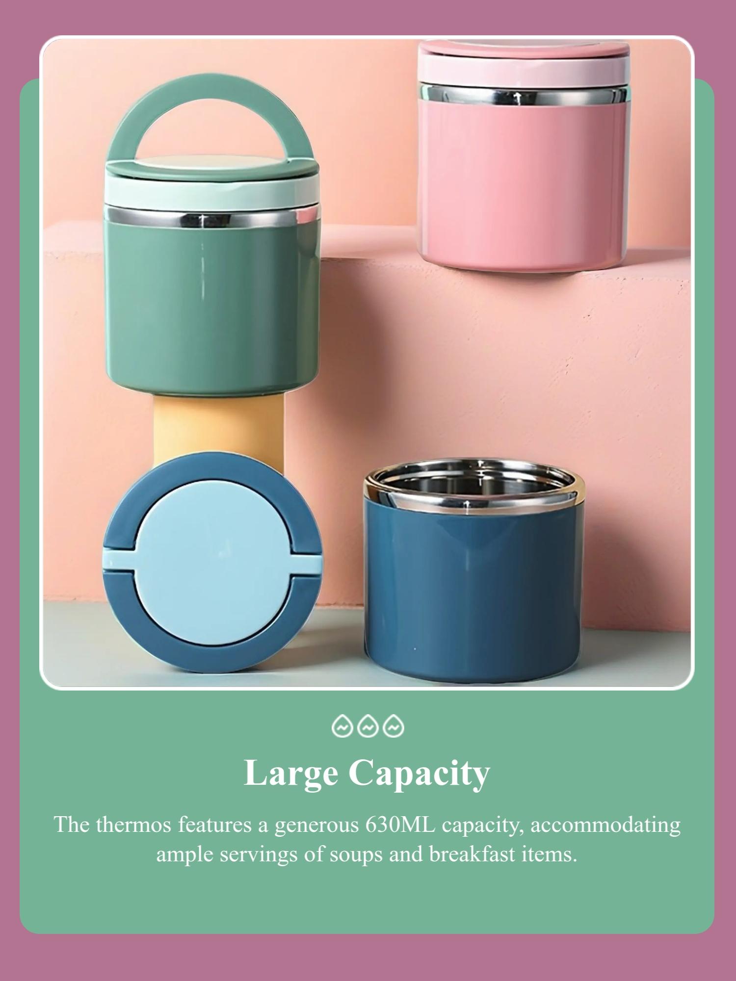 round insulated lunch box with handle soup & rice container 🍲🥢Large Capacity 630ML  food-grade stainless steel food jar durable thickened insulated lunch container  for office workers car lunch container  travel portable