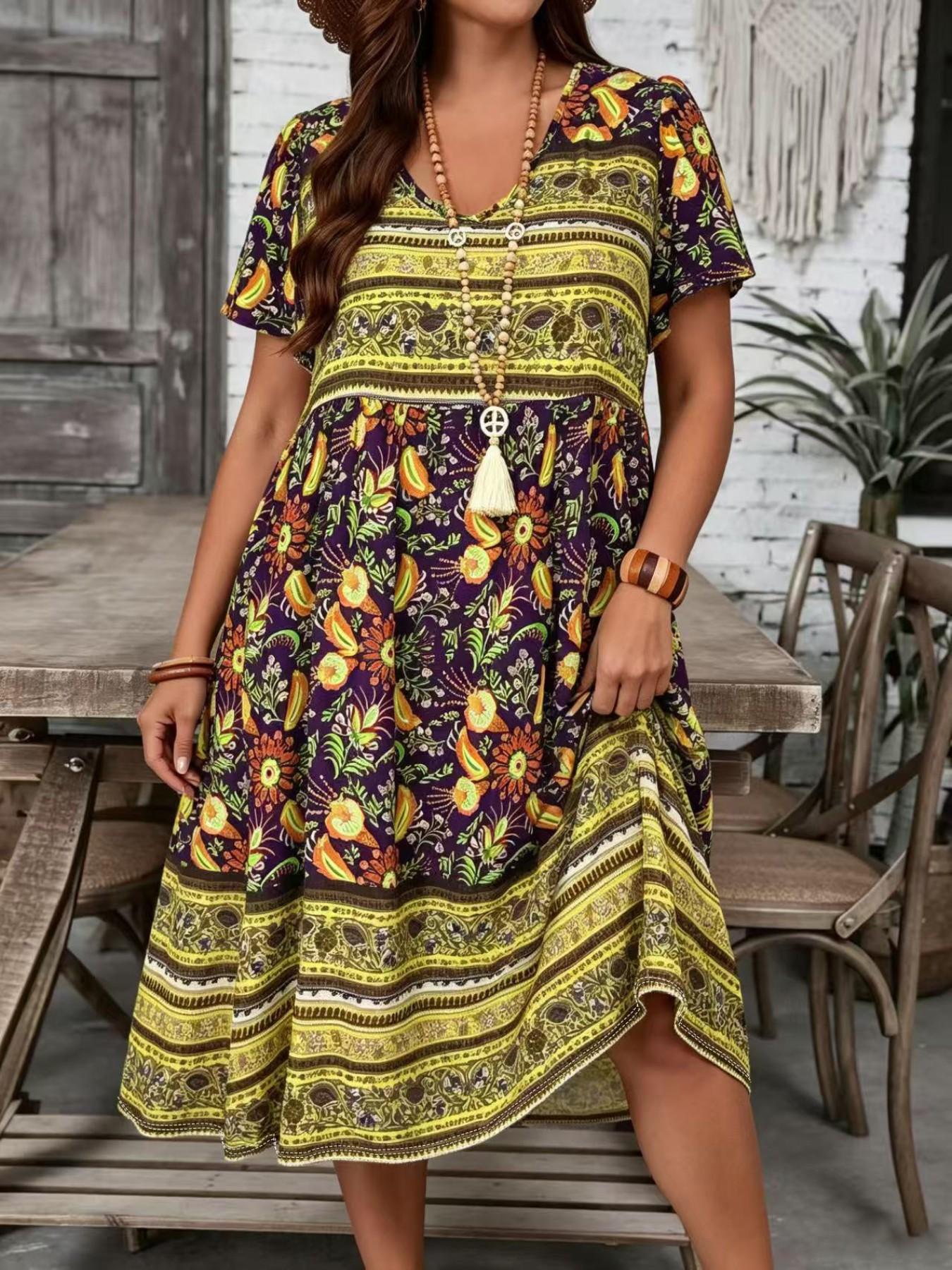Plus Size Boho Paisley Floral Print Dress, Western Style Casual Vacation Dress, Comfortable and Stylish, Perfect for Relaxing Days, Boho Sundress