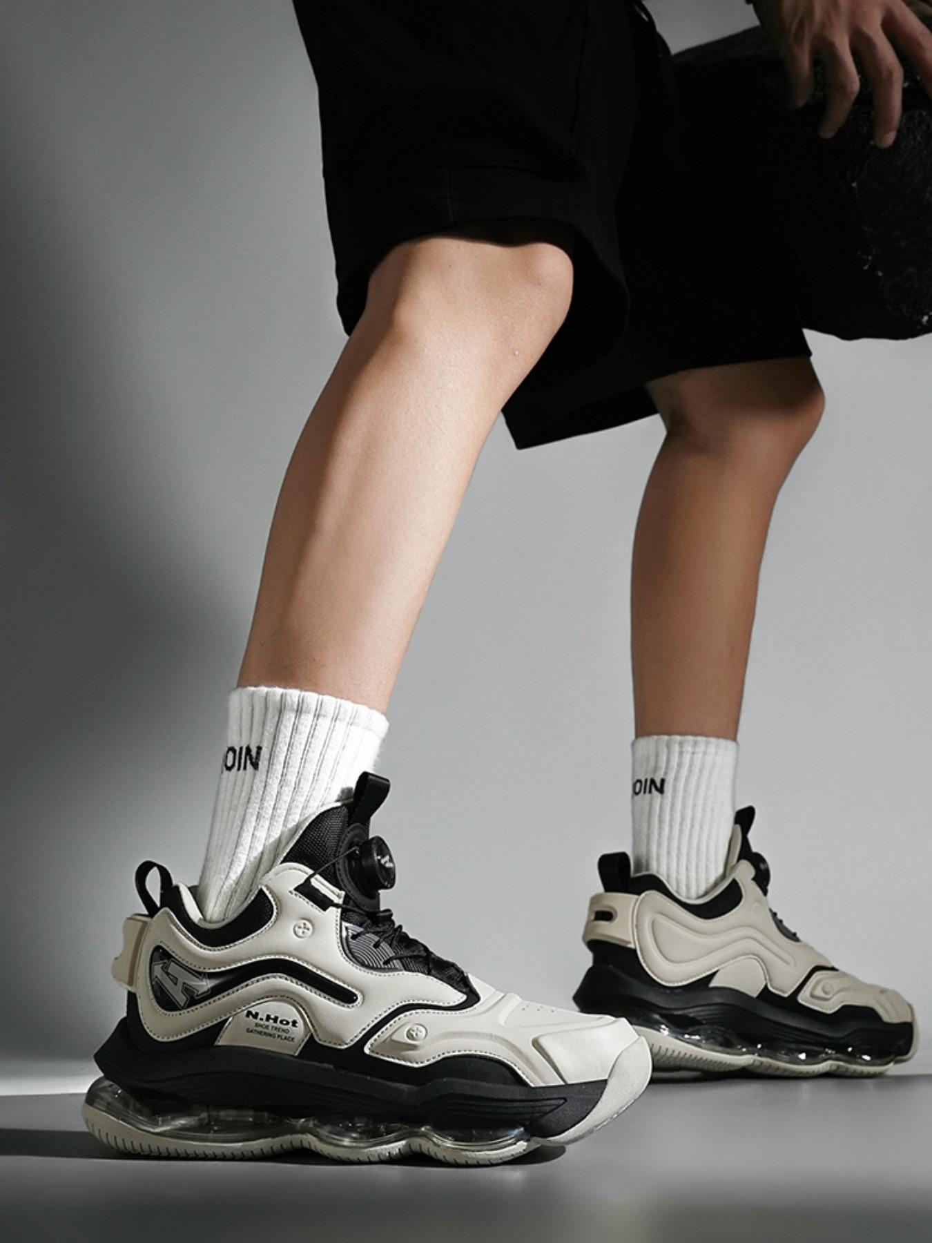 Men's Casual Sport Shoes, High-Quality High-Top Air Cushion Basketball Shoes, Rotating Button No Laces, Trendy Large Size Outdoor Student Sports Shoes