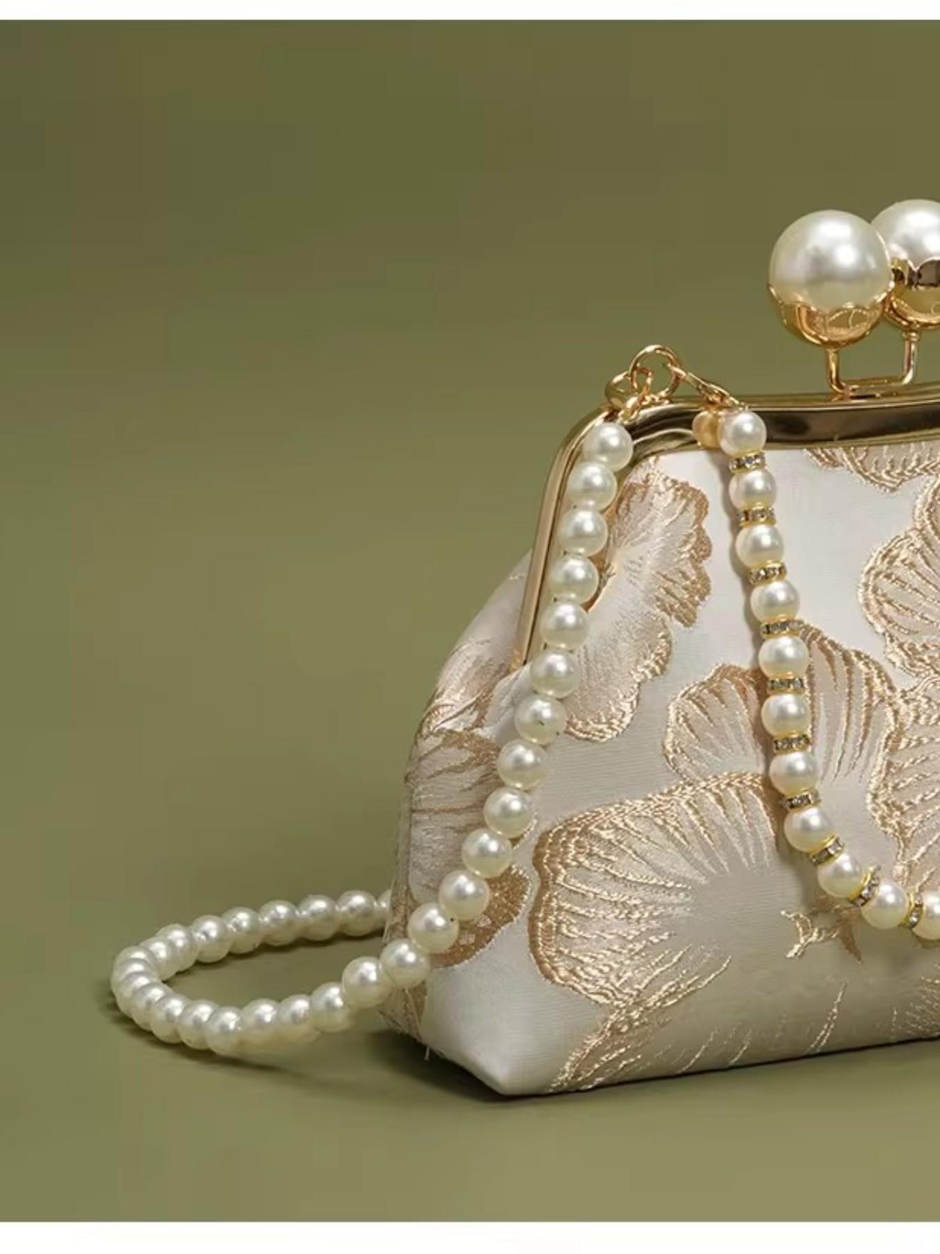 Elegant Embroidered Clutch Bag for Women, Vintage Evening Bag with Pearl Chain and Ginkgo Pattern, Perfect for Weddings and Parties