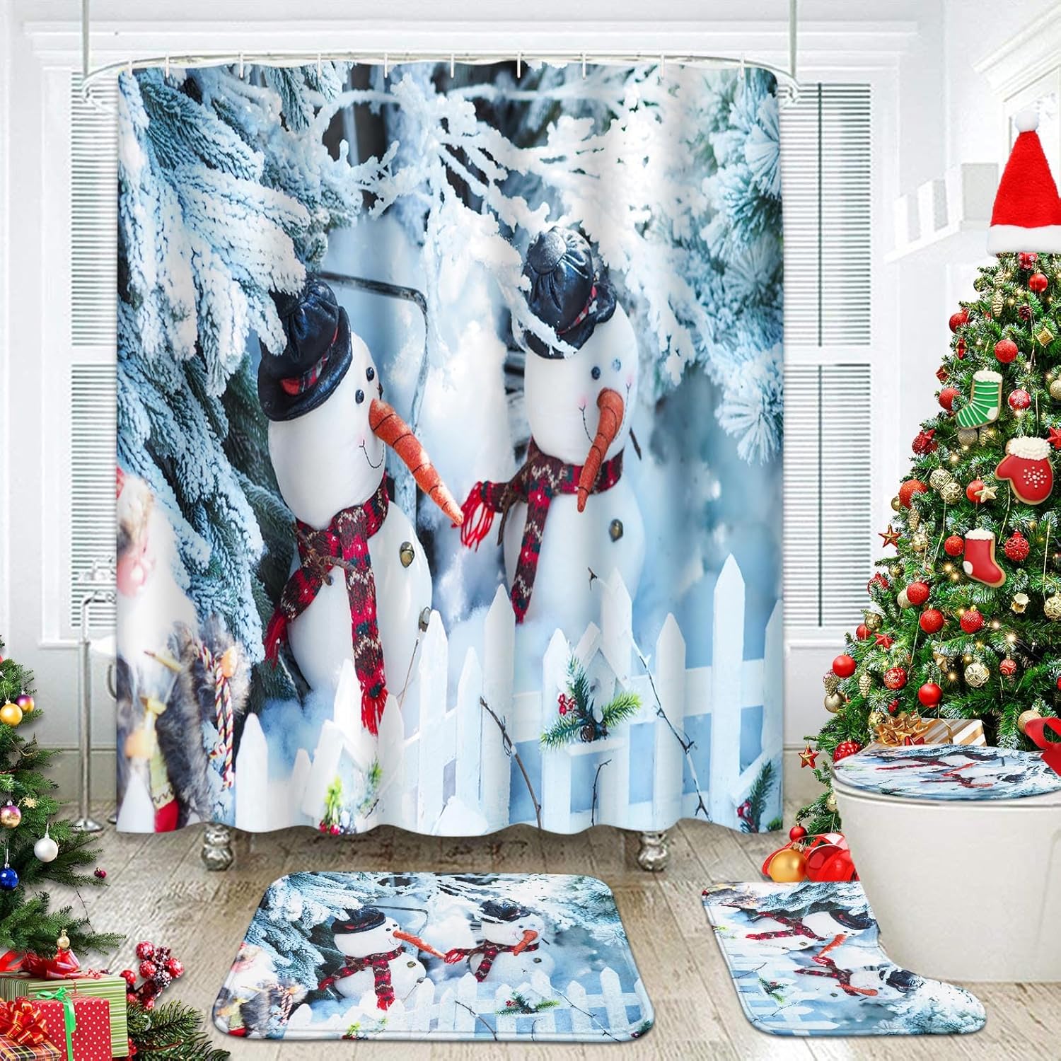 4 Pcs Shower Curtain Set Merry Christmas Happy New Year with Non-Slip Rugs Toilet Lid Cover and Bath Mat Bathroom Decor Set