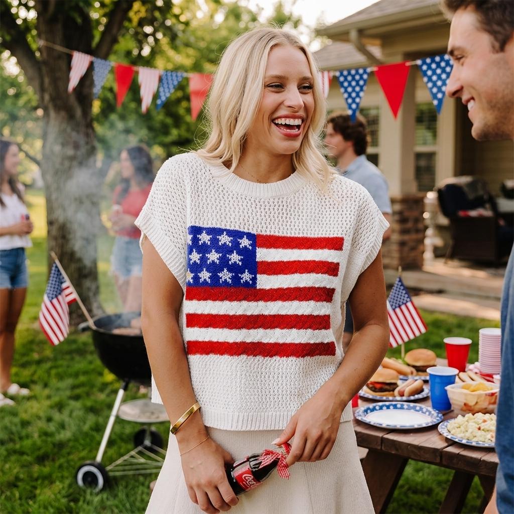 Yolabra American Flag Open-Knit Sleeveless Sweater Top Patriotic Star & Stripe Knit Dolman Cap Sleeve Blouse Casual Fourth Of July Flag Knit Sweater Vest Breathable Open-Knit Patriotic Summer Top Relaxed Fit American Flag Knit Pullover Yolabra American Flag Open-Knit Sleeveless Sweater Top Patriotic Star & Stripe Knit Dolman Cap Sleeve Blouse Casual Fourth Of July Flag Knit Sweater Vest Breathable Open-Knit Patriotic Summer Top Relaxed Fit American Flag Knit Pullover