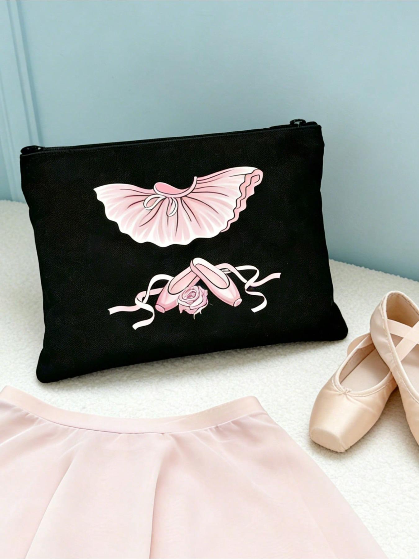 Ballet Pattern Women's Black Makeup Storage Bag, Handbag, Zippered Canvas Bag, Cute Retro Ballet Skirt, Dance Shoes, Rose Element, Bow Element, Vacation Bag, Large Capacity Storage Bag,