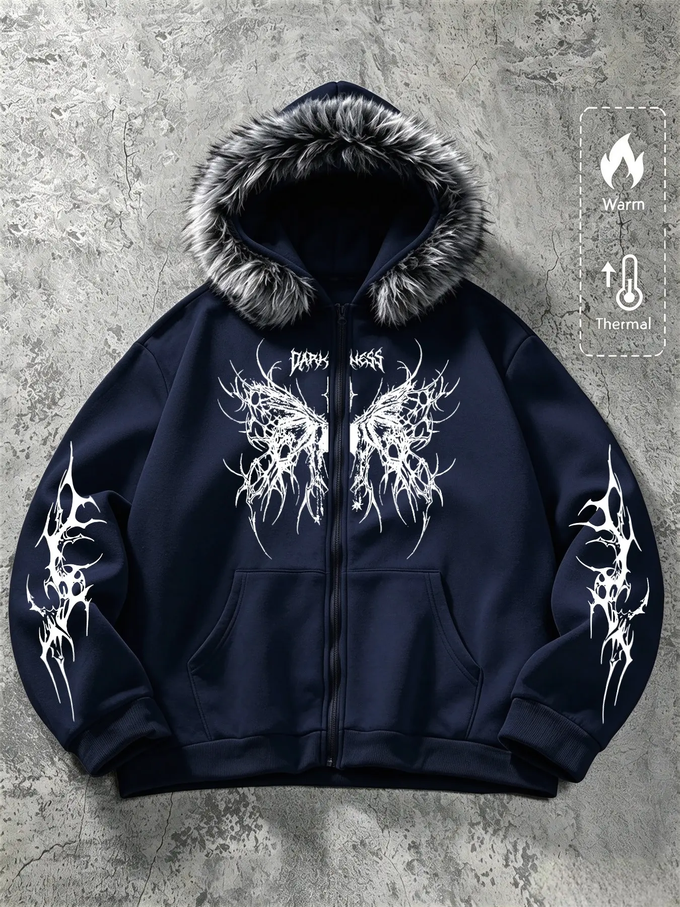 Fur Trim Hood Zip Up Jacket, Thermal Warm Goth Butterfly Graphic, Spiky Art Prints On Sleeves, Dark Grunge Outerwear Casual #GothJacket #GrungeFashion #ButterflyGraphic #DarkAesthetic #FurHoodOuterwear