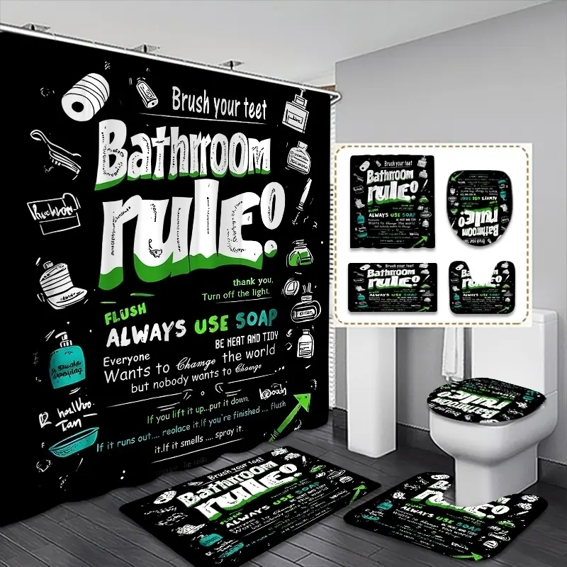 4pcs Creative Bathroom Decor Set, Includes Shower Curtain with 12 Hooks, Toilet Seat Cover, Bath Mat, Fashionable Bathroom Accessories, Gift Idea, Shower Curtain Set for Bathroom