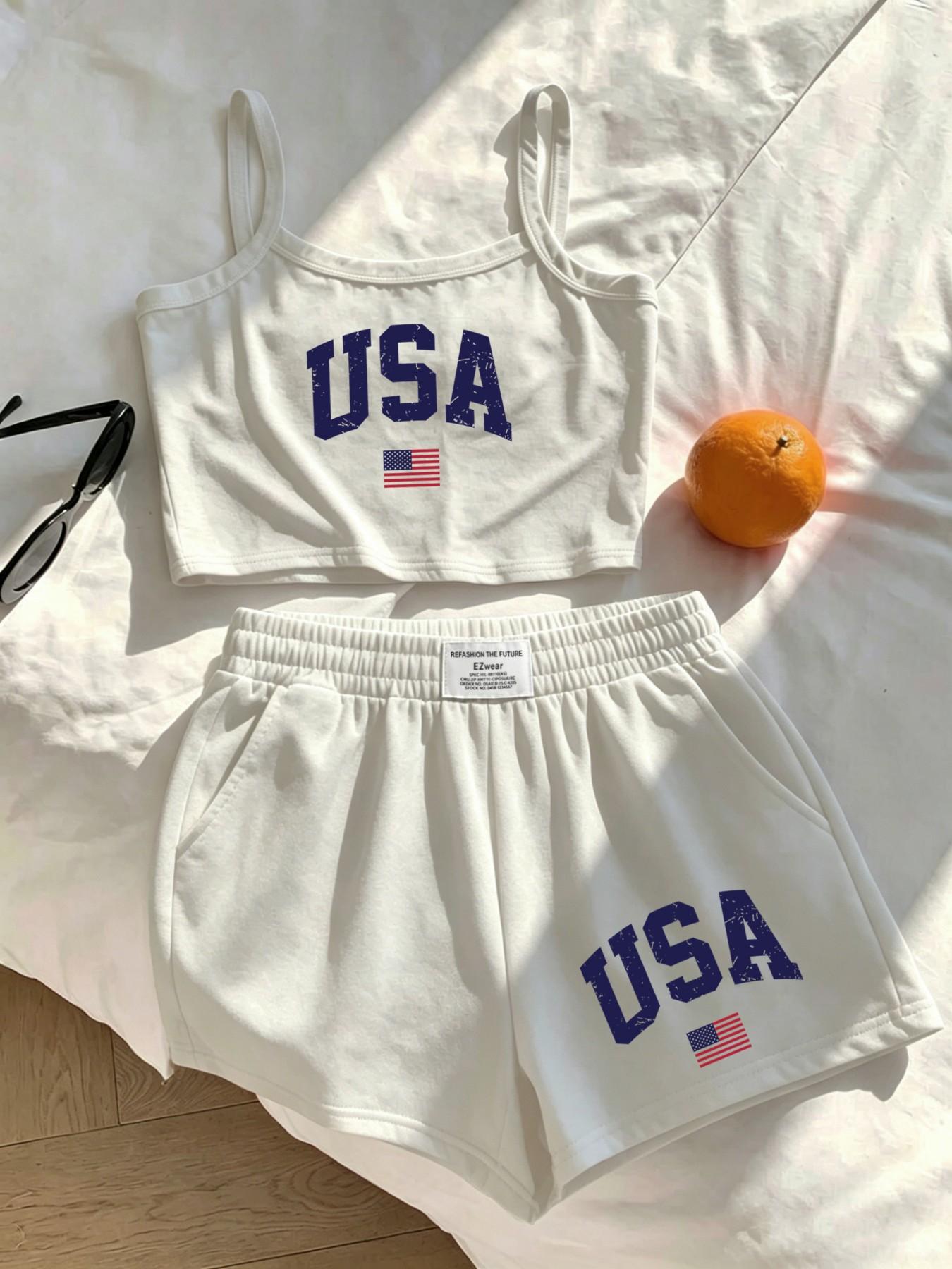2 pieces, Y2K women's American flag paired with USA letter printed camisole top and shorts, fashionable summer casual set, soft and breathable, suitable for Independence Day and the 250th anniversary of the United States