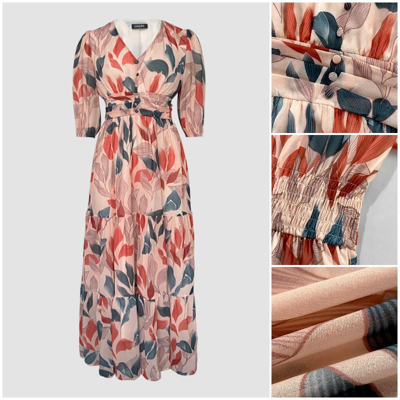 Women's Plants Print V-Neck Puff Sleeve Maxi Dress..