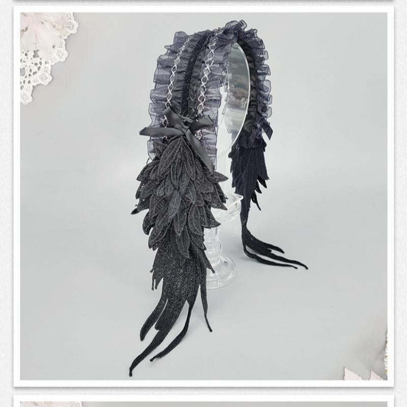 Dark Gothic Lolita Harajuku Hairband Angel Feather Wings Lace Trimmed Headpiece Black& white Lolita Wing Hair Accessories