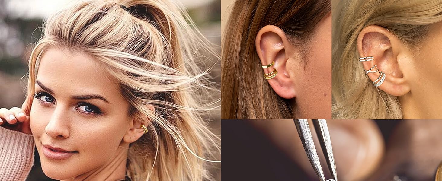 4Pcs S925 Sterling Silver Earring Cuffs for Women, Ear Cuff Set Helix Cartilage Clip on Earrings Non Piercing Earrings for Girls, Adjustable Rose Gold Ear Cuffs Earring Stack