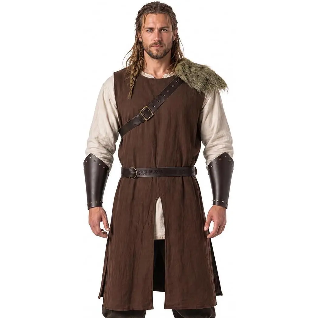 Medieval Sleeveless Tunic Set with Fur-Look Shawl, Belt and Bracers | 4-Piece Set, Costume Accessory, Medieval Style, Bracers Included, Shawl Included