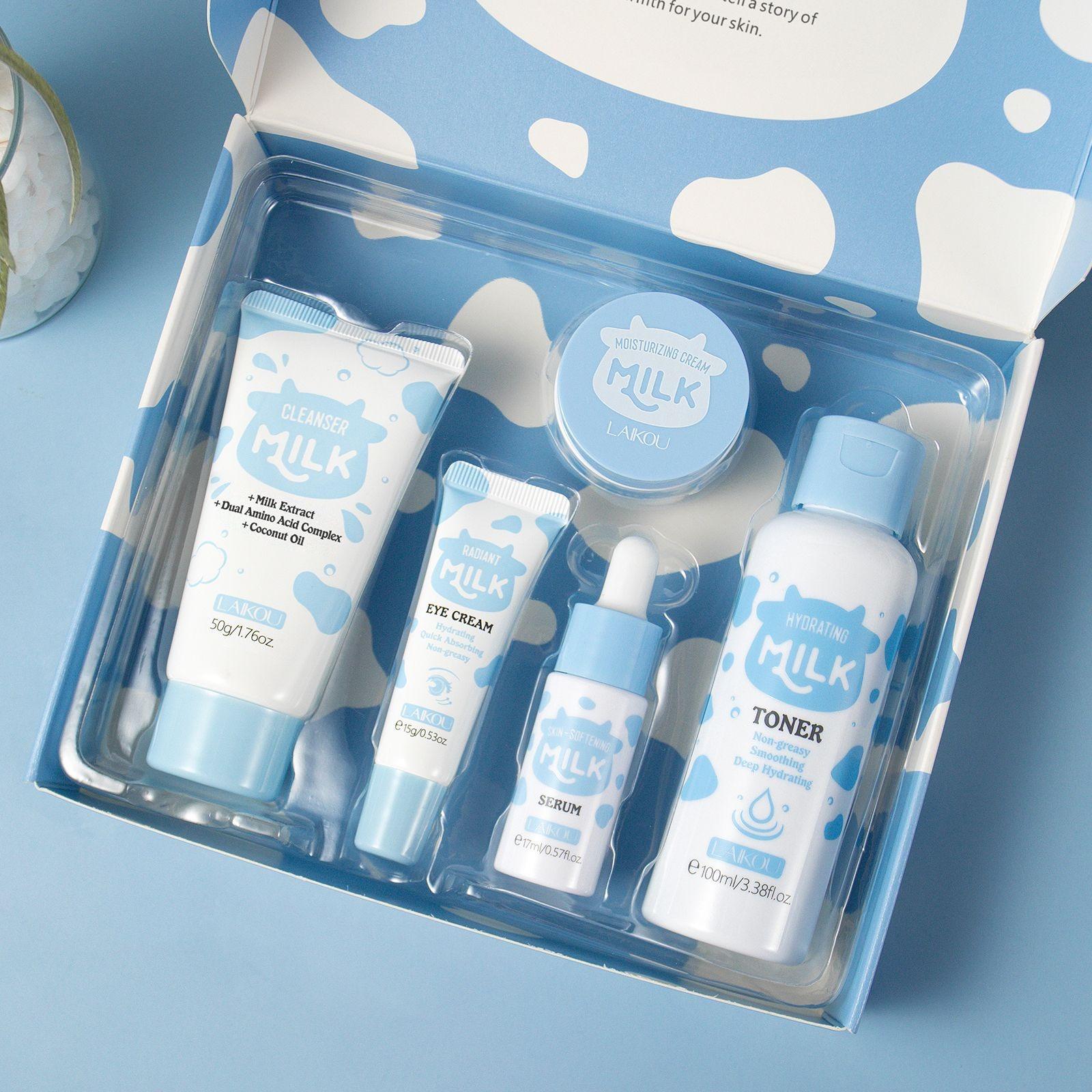 Laikou Milk Skincare Set 5-Piece, Includes Cleanser, Toner, Serum