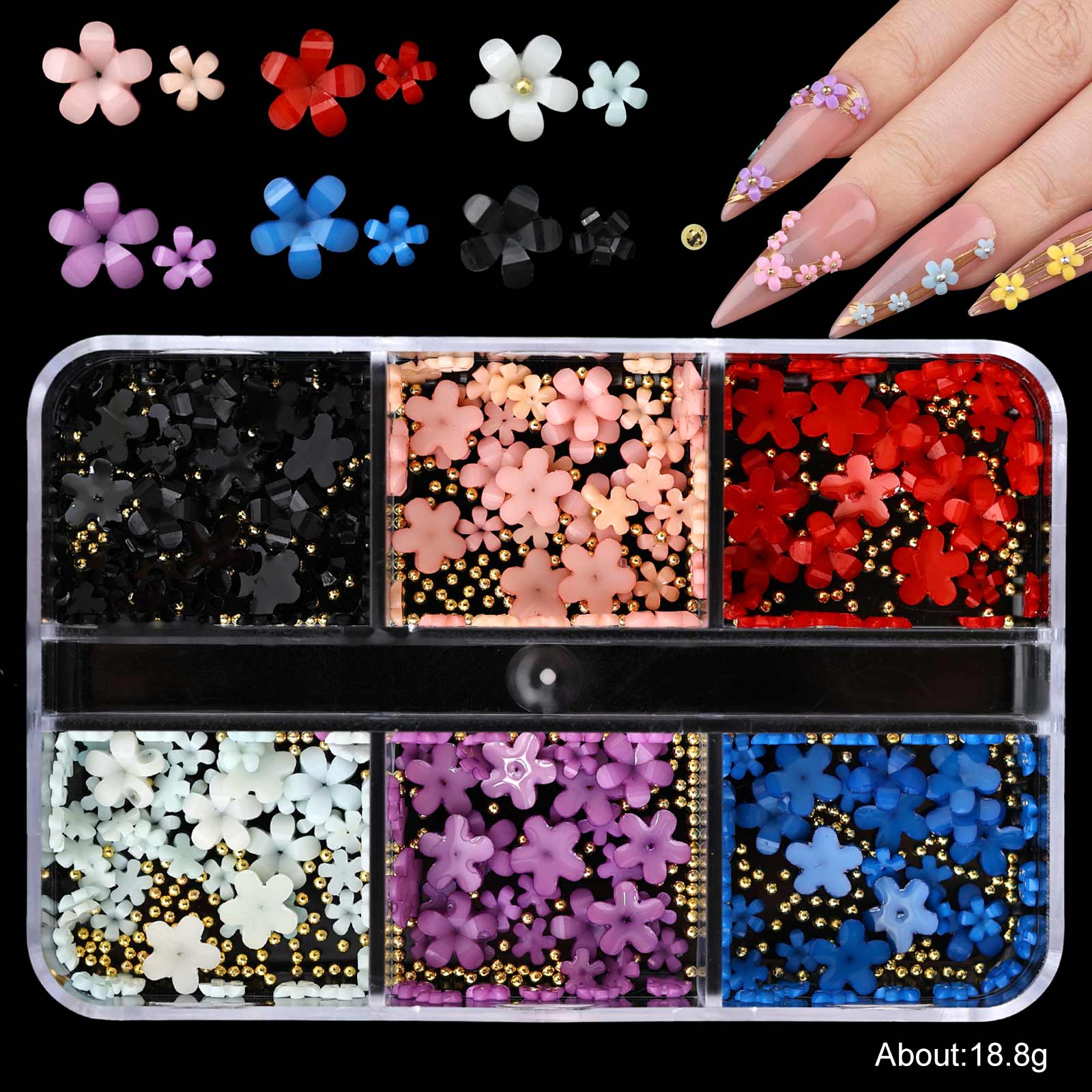 Multicolor five-petal flower nail art accessories, available in 6 compartments/12 compartments/24 compartments, ultra-thin cherry blossom petals, suitable for various styles of nail decoration, for professional nail salons