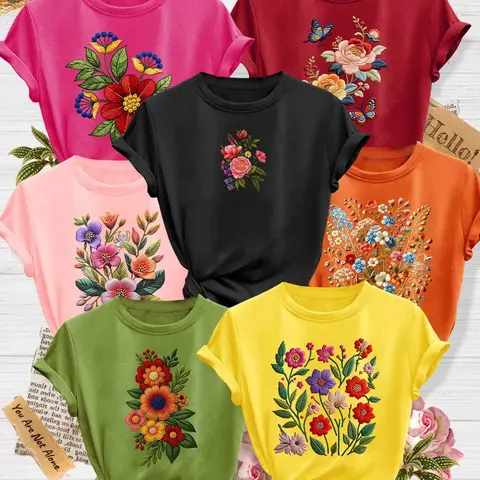 7Pcs Women Heather Crew Neck Print Tee, Casual Butterfly Wild Fresh Floral Flower Print, multi-color, washable, soft spring summer tee