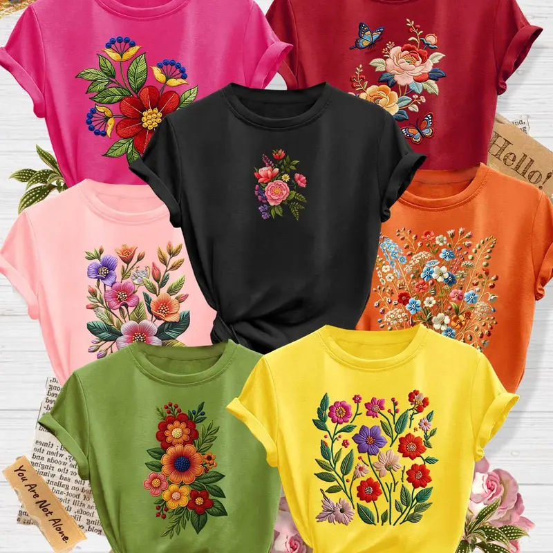 7Pcs Women Heather Crew Neck Print Tee, Casual Butterfly Wild Fresh Floral Flower Print, multi-color, washable, soft spring summer tee