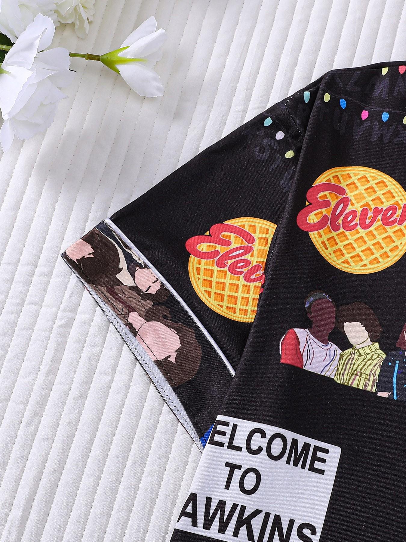 Women's 2-Piece Stranger Things Print Lapel Pajama Set, Short Sleeve Button Down Top with Pocket & Elastic Waist Shorts, Soft Comfy All-Season Loungewear, Casual Sleepwear for Ladies Home Daily Wear