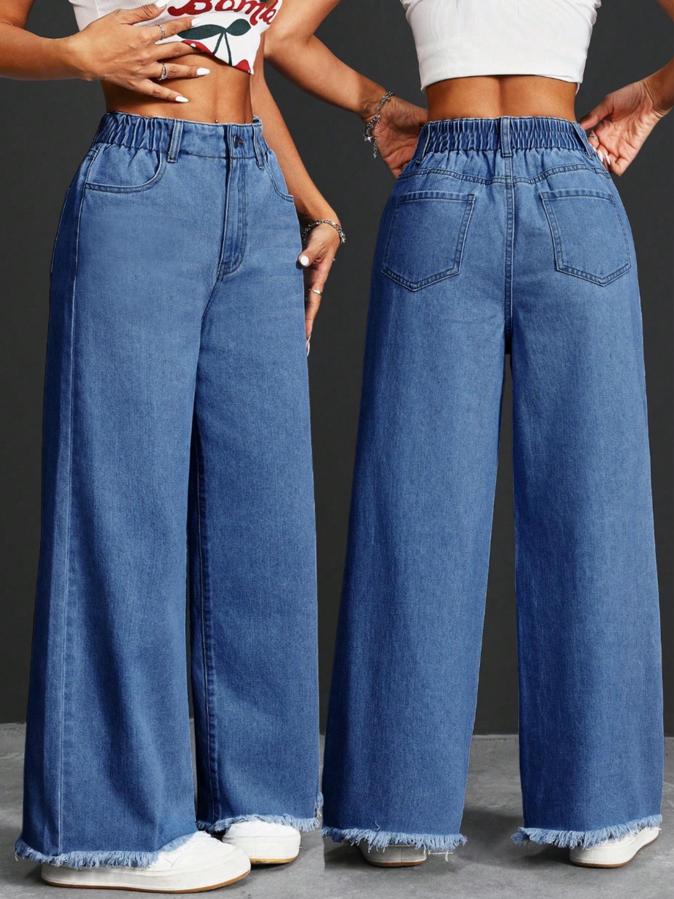 Women's High Waist Denim Jeans, Elastic Waist Design, Pockets with Buttons, Casual Fashion, Fuzzy Hem, Comfortable Pants for All Seasons