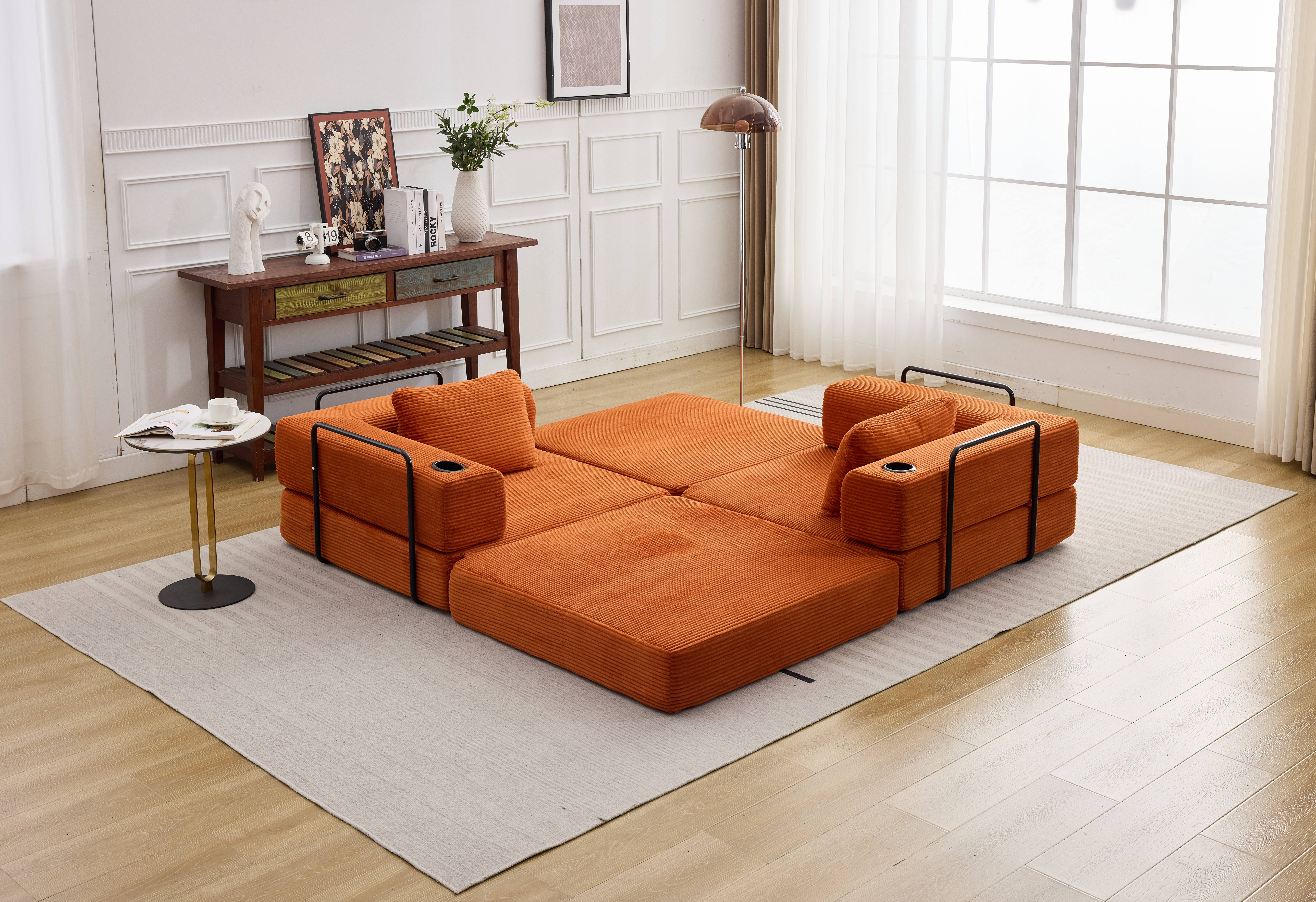 QAK 115" Modular Floor Sofa Bed with Two Cup Holders High-Quality Corduroy Fabric Free Combination Design Premium Sponge Padding Multifunctional for Small Spaces Living Room Mattress