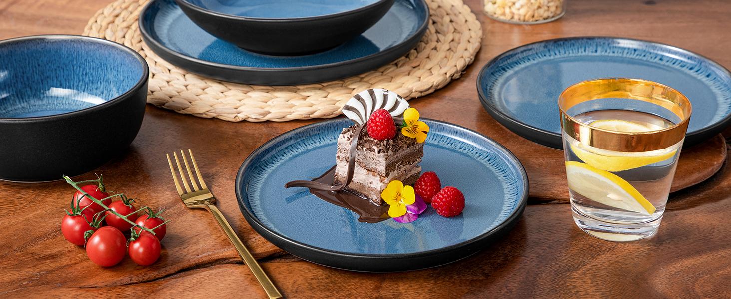 vancasso PLA Plates and Bowls Sets, 16/18/24 Pieces Stoneware Dinnerware Sets Dishes Set Modern kitchen Dishware Sets Service for 4-6 People, Dishwasher and Microwave Safe, Blue, Black, Green Set