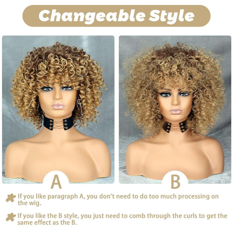 Missqueen 14 inch Blonde Curly Wigs 70s, Kinky Brown Mixd Blonde Afro Wigs for Black Women, Synthetic Afro Curly Blonde Wigs for Women (Brown to Blonde)