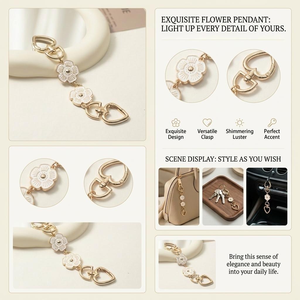 French Elegant Flower Bag Chain Extender, Luxury Heart Clasp Handbag Charm, Aesthetic Vintage Flower Keychain Accessory, Perfect Birthday Christmas Valentine's Day Gift for Women Girls, Trendy Bag Decor for Tote Backpack