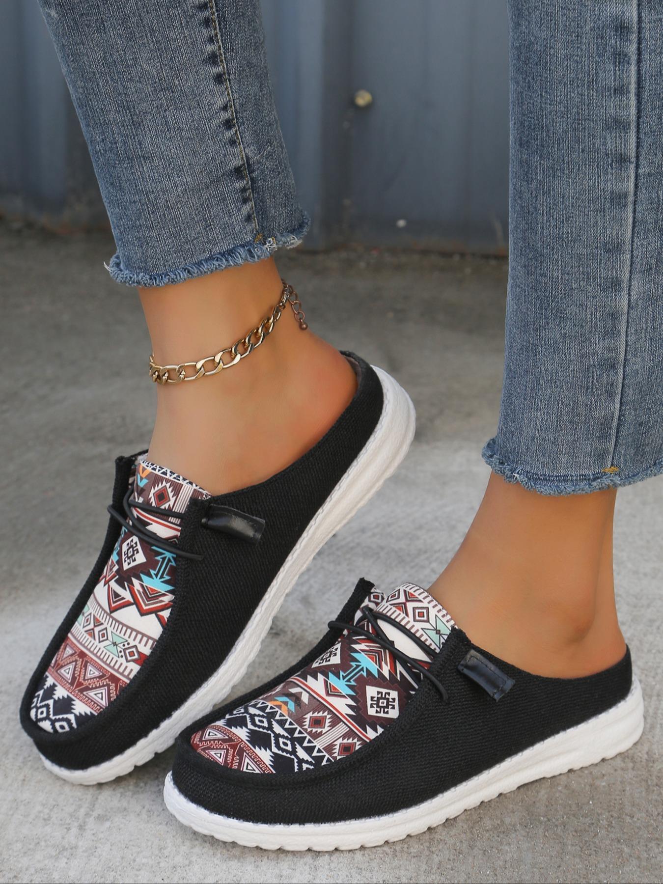 Women's Ethnic Pattern Slip on Low Top Sneakers Trainer, Casual Comfortable Lightweight Slip on Shoes, All-match Commuter Shoes for Work & Daily Wear