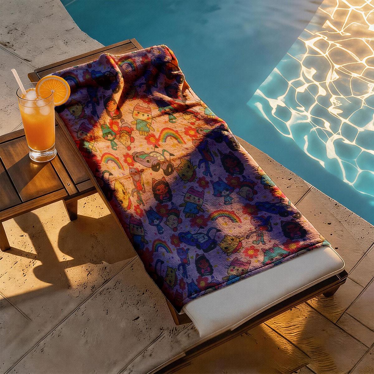 A Gabby's Dollhouse Cartoon Characters Rainbow All-over Printed Beach Towel - Oversized, Skin-friendly, Absorbent and Quick-drying, Perfect for Beach and Pool Leisure, Ideal for Summer Trips - Suitable for Seaside Vacations, Pool Parties and Outdoor Picni