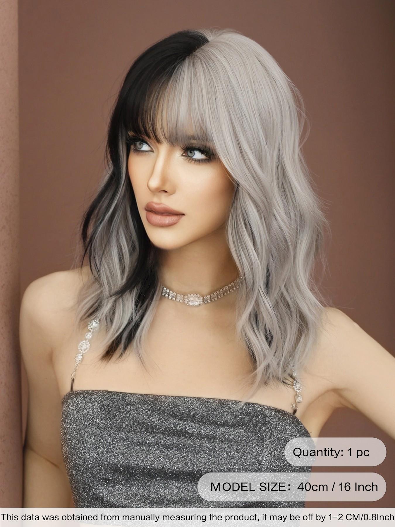 Two Tone Wig Silver Ash Pink Curly Wigs For Women 16 Inch Shoulder Length Wavy Wig With Bangs Synthetic Heat Resistant Fiber Beautiful Fluffy Wigs For Girls Daily Party Cosplay Use Beginner Birthday Gifts Synthetic Wavy Hairstyle ( Black Highlight Hair )