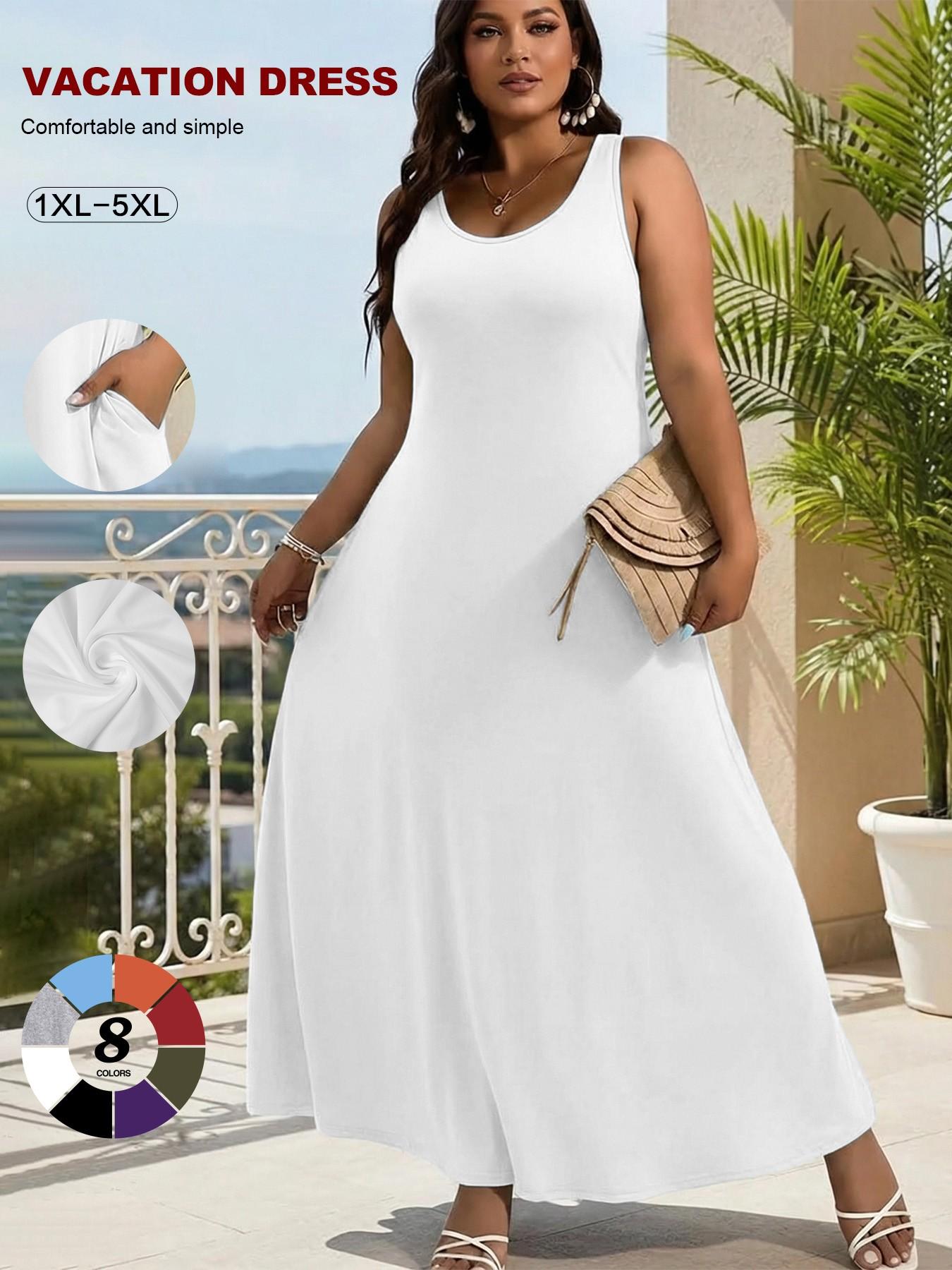 2026 Women's Plus Size Sleeveless Maxi Dress, Sexy Scoop Neck A-Line Vacation Dress, Summer Tummy Control Beach Cover Up with Pockets