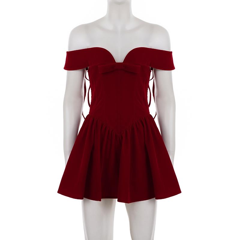 Elegant Banquet Style Solid Wine Red Off-Shoulder Bow Panel Dress. Sleeveless Cold-Shoulder Tie-Waist A-Line Mini Skirt. Perfect for Birthday Formal Occasion Puff Party Dress.