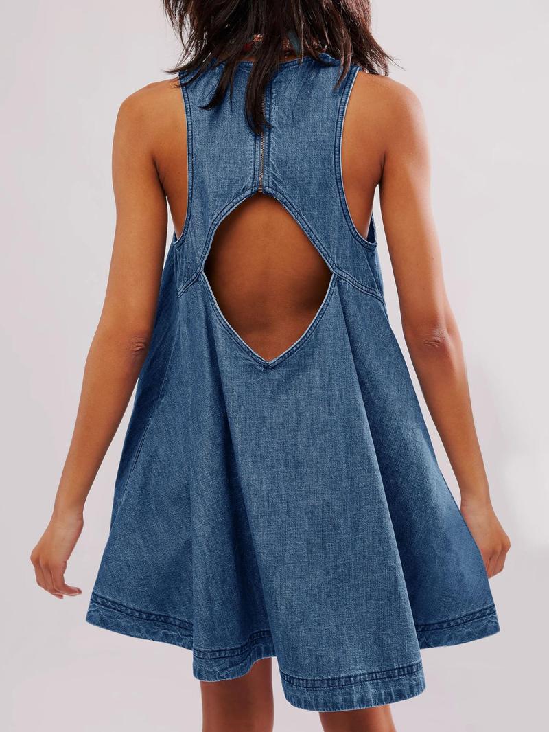 Women's Denim Dress Spring Summer New Fashion Casual Sleeveless Backless Short Skirt Trendy Denim Mini Dress A-Line Dress Springtok Womenswear Comfort Outdoorfun