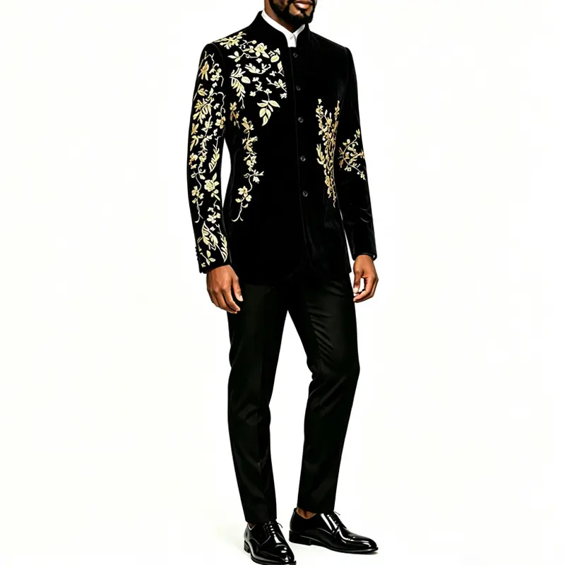 Men Stand Collar Velvet Blazer, Gold Floral Embroidery Mandarin Jacket, Slim Fit Formal Suit Jacket for Wedding Party Stage Show