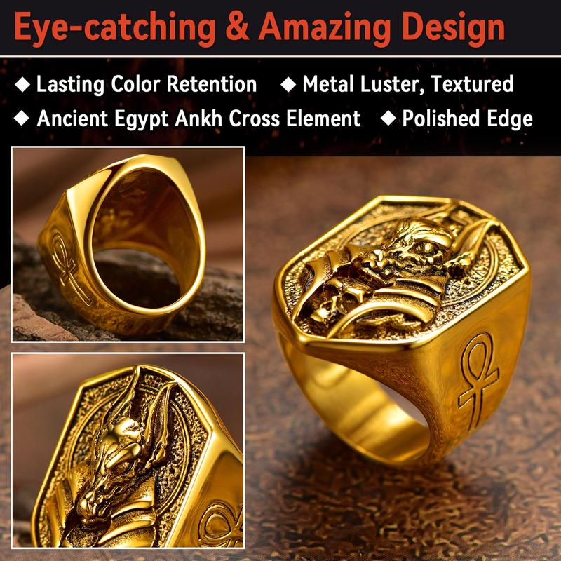 U7 Anubis Rings Vintage Ankh Cross Amulet Chunky Ring Ancient Egyptian Jewelry for Men