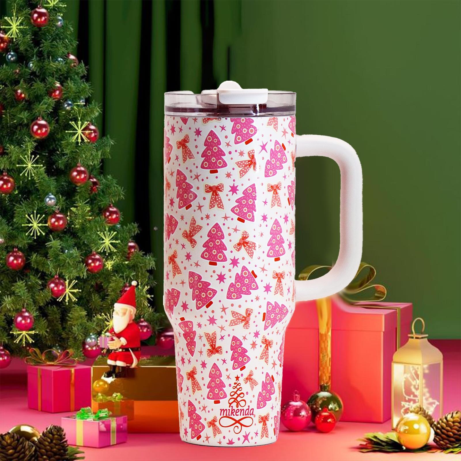 1 Pc 40oz insulated thermal mug with handle, double wall leak-proof vacuum cup, pink Christmas tree and bow pattern, festive cute holiday design, keeps hot 12 h/cold 24 h, large capacity tumbler for hot cold drinks, Thermos Cup, Thermal Flask