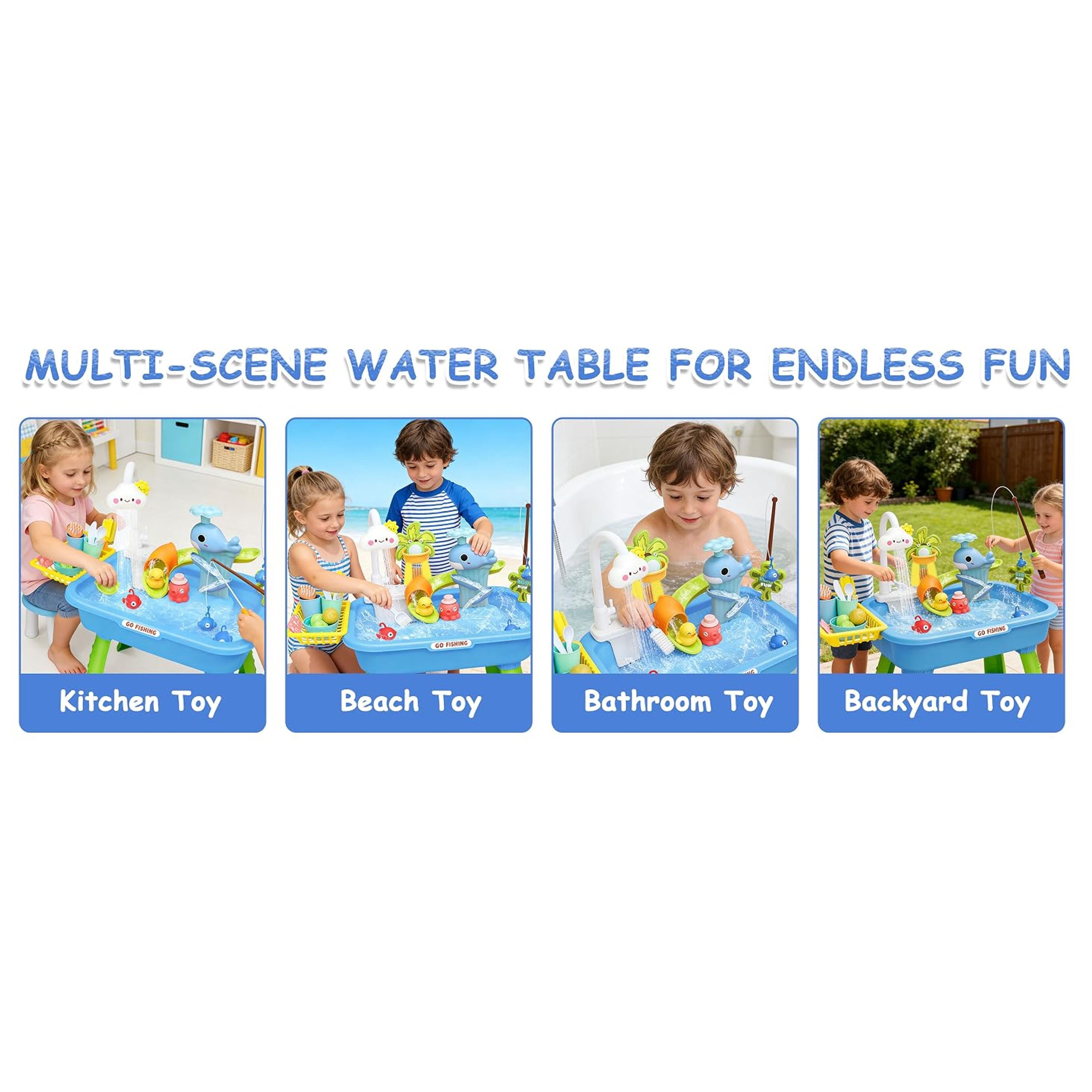 4-in-1 Electric Water Table for Toddlers 1-5, Kids Play Sink with Running Water & Cloud Faucet, Sensory Toddler Water Activity Table with Fishing Game, Outdoor/Indoor Toy Gift for Boys & Girls
