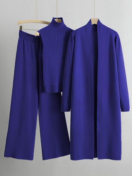 Trendy Knit Turtle Neck Tank & Wide Leg Trousers With Open-Front Long Cardigan Three-Piece Sets