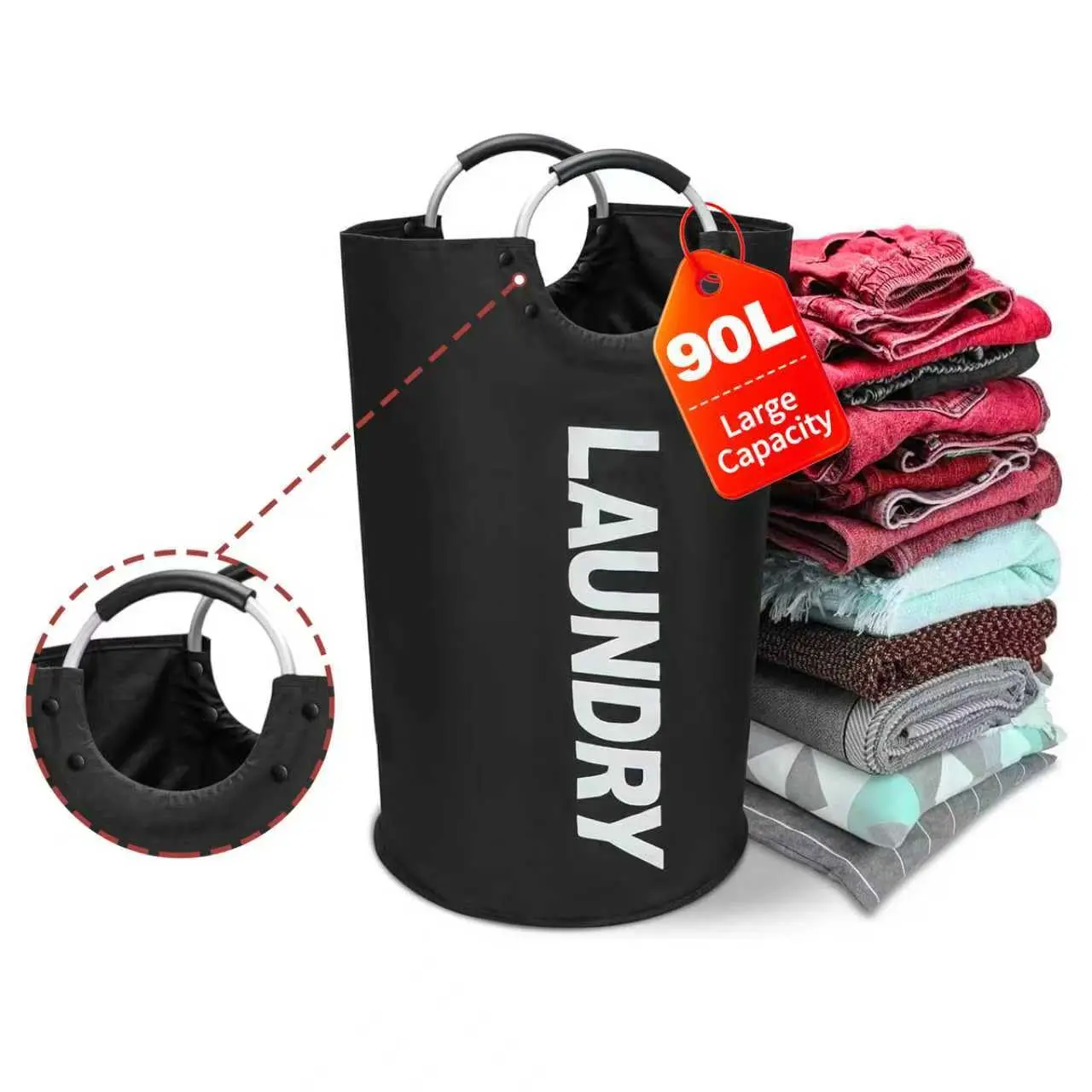 High-Capacity 9090L Oxford Fabric Soft Coated Freestanding Tall Laundry Hamper, Collapsible Black Laundry Basket