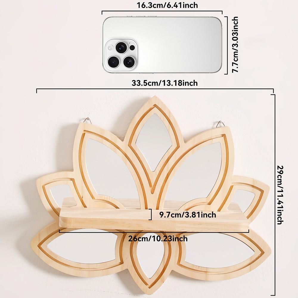 1pc Lotus Flower Wooden Wall Shelf with Mirror, 13.18" Boho Floating Shelf, Rustic Decor for Living Room, Bedroom, Bathroom, Yoga Room