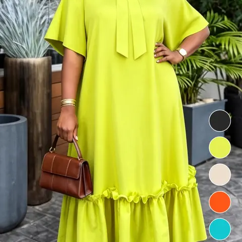 AOMEI Elegant Loose Fit Dress, Bow Neck Short Sleeve Long Dress, Ruffled Hem, Casual Style, Perfect for Parties and Daily Wear