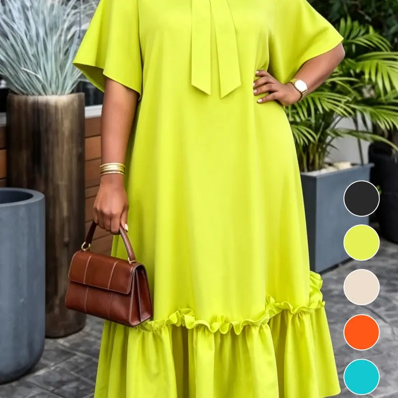AOMEI Elegant Loose Fit Dress, Bow Neck Short Sleeve Long Dress, Ruffled Hem, Casual Style, Perfect for Parties and Daily Wear
