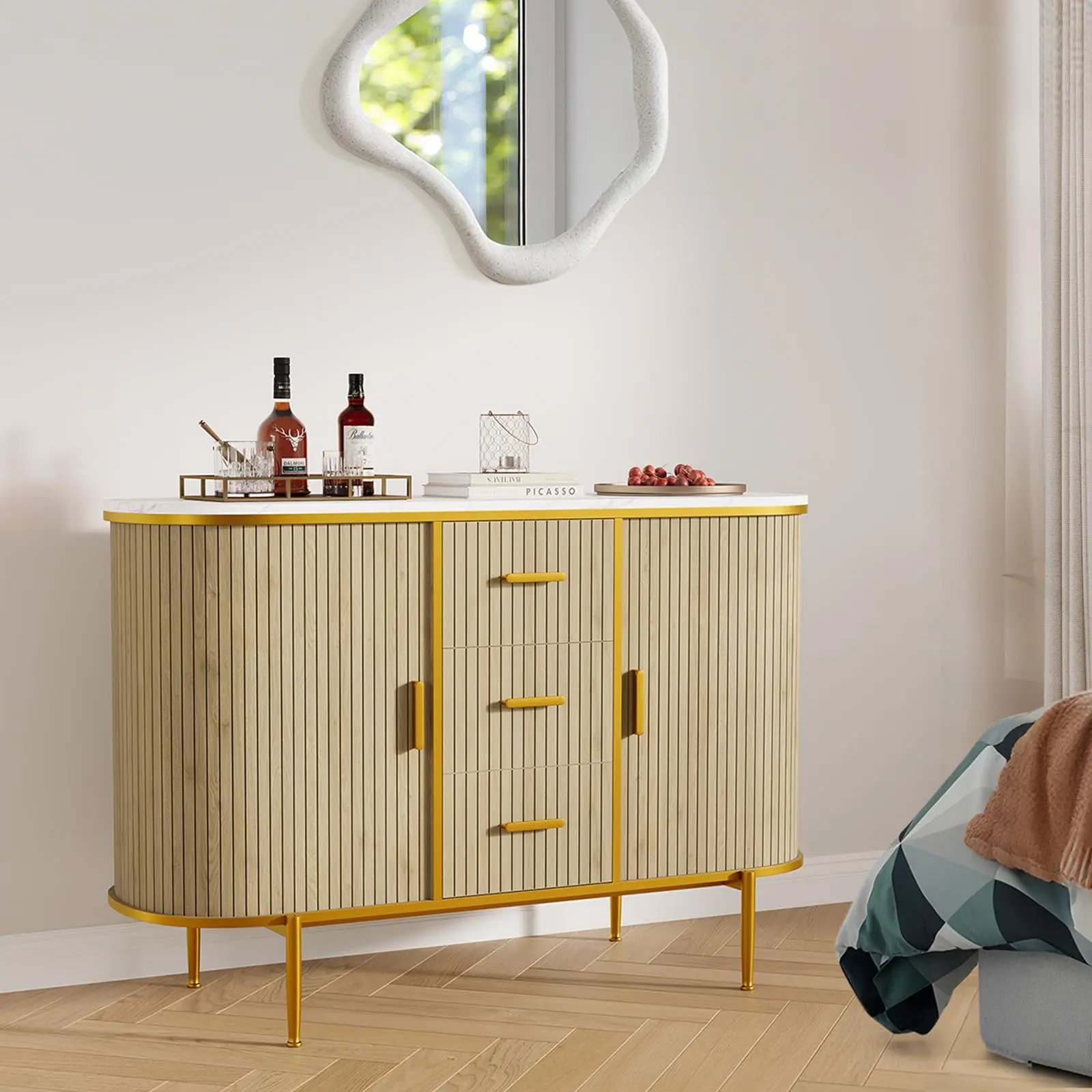 Aparador Moderno De 127 cm Con Espacio De Almacenamiento, Consola De Barra De Café Con Detalles Acanalados De Mediados De Siglo y Cubierta De Imitación Mármol, Puertas Corredizas De Perfil Curvo