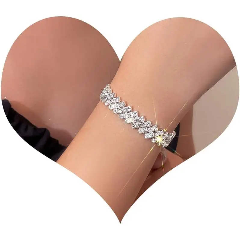Rhinestone Bracelet for Women Layered Sparkly Rhinestone Open Cuff Bracelet Adjustable Multi Row Glitter Bangle Bride Bridesmaid Wedding Party Prom  Accessories for Her
