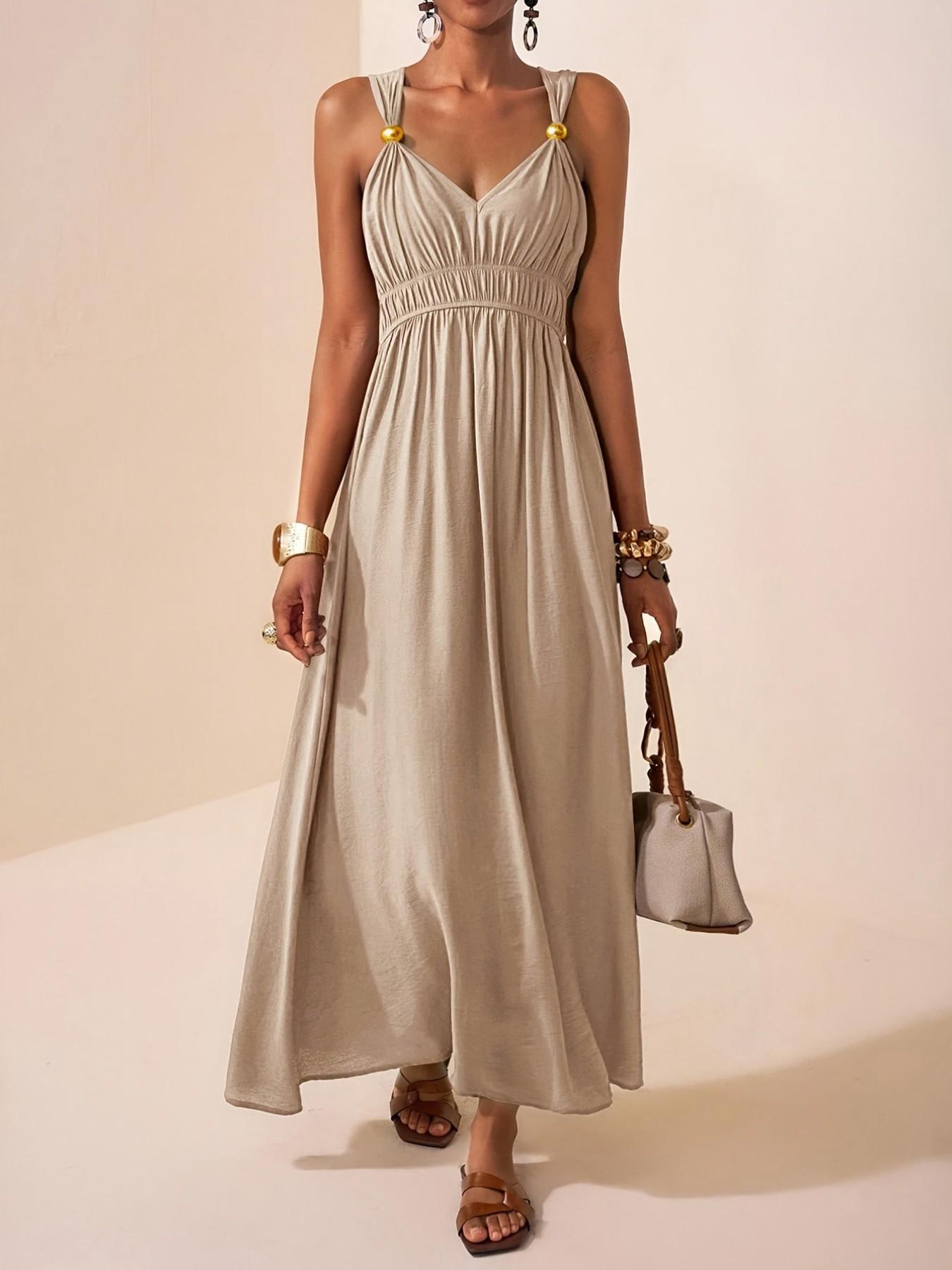 Women's Thin Strap Sleeveless Deep V Long A-Line Dress, 2026 Summer New Minimalist Elegant Chic, Perfect for Parties, Events and Evening Formal Wear Women's Thin Strap Sleeveless Deep V Long A-Line Dress, 2026 Summer New Minimalist Elegant Chic, Perfect for Parties, Events and Evening Formal Wear