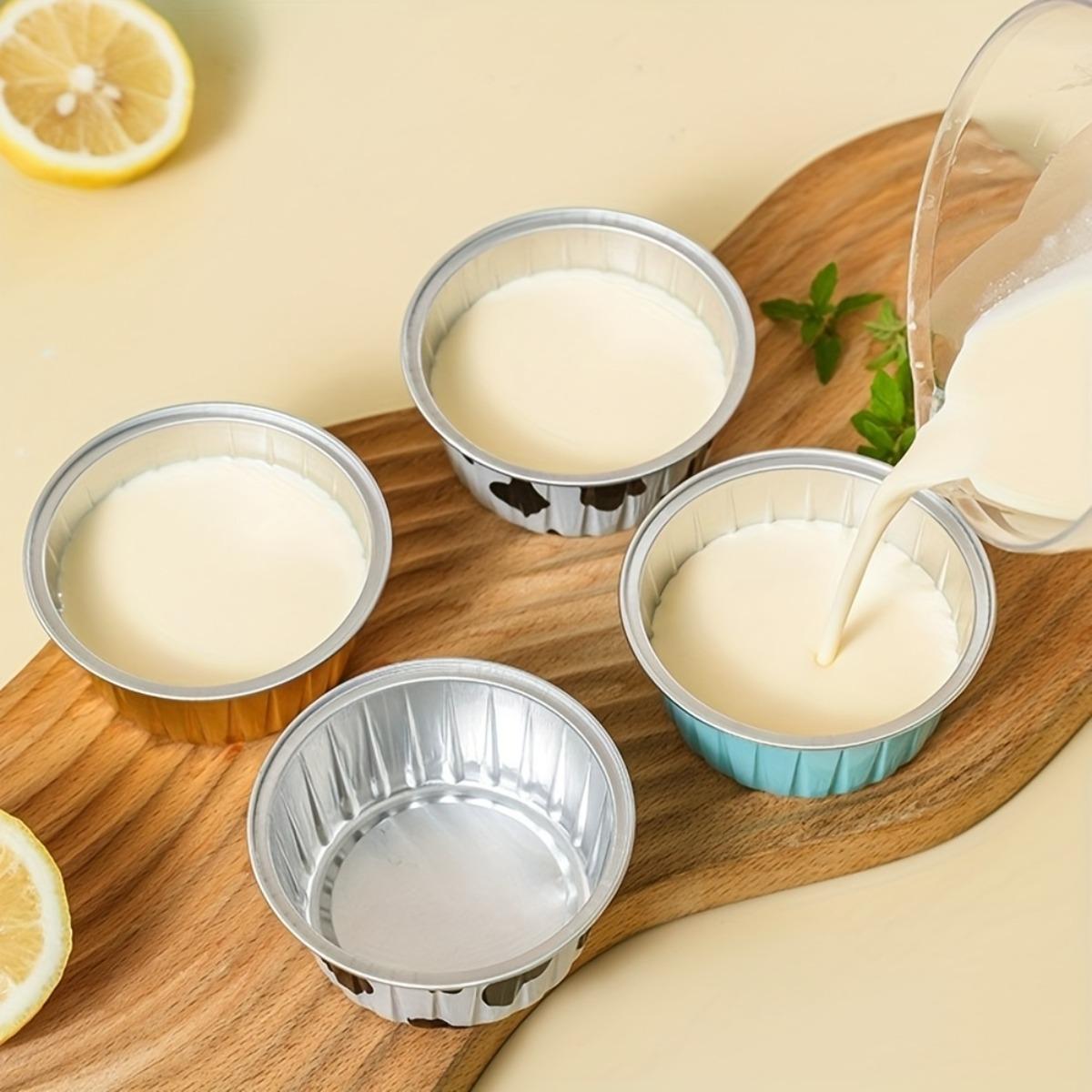 100PCS Disposable Foil Dessert Cup Set, Includes 50 Cups + 50 Lids, Perfect for Muffins, Creme Brulee, Pudding, Cheesecake, Cream Cups and Bakery Packaging, Kitchen Baking Supplies, Pink and Milk Color Optional