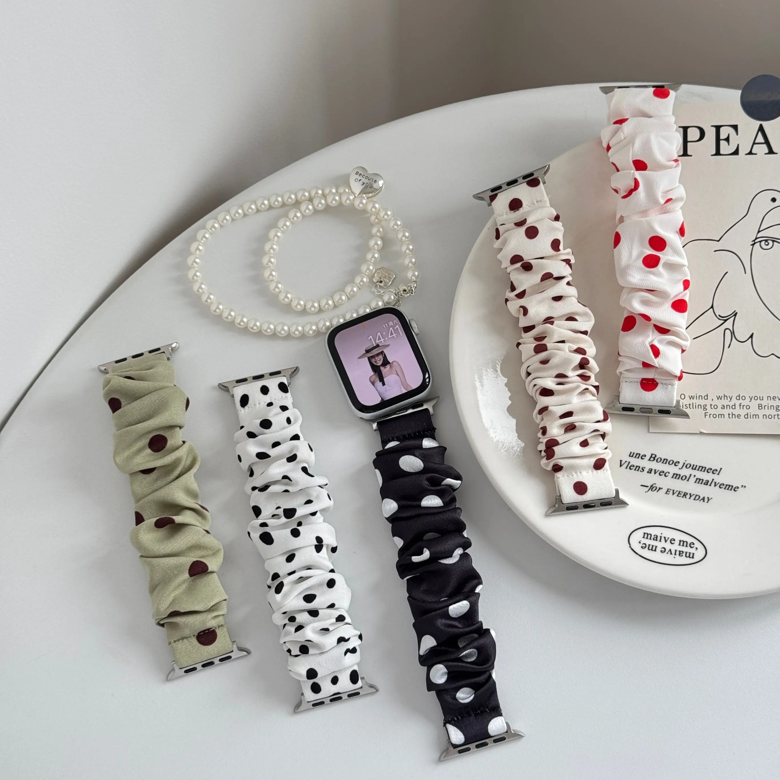 Women's Cute Polka Dot Elastic Scrunchie Watch Band, Soft Stretchy Slip-On Solo Loop with Stretchy Fit, Compatible with Watch Series 10 9 8 SE (38mm-46mm), Series 10+Se