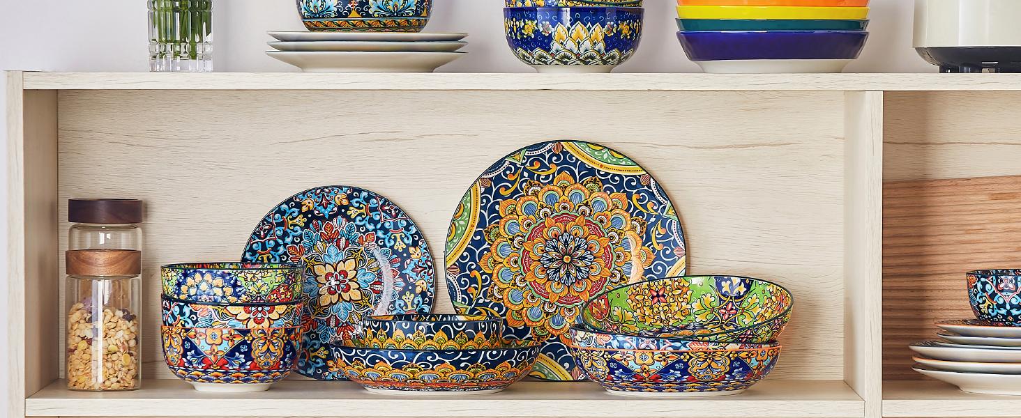 vancasso Pasta Bowls, Ceramic Salad Bowls, Soup Bowls, Pasta Plates, Bohemian Decorative Bowls for Salad, Fruit, Pasta and Dinner, Serving Dishes Set for Party, Dishwasher & Microwave Safe Tableware