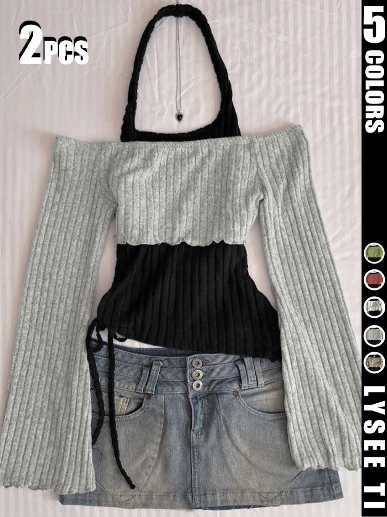 2PCS Fashion casual Fitted women's contrasting neck hanging solid color top two-piece set