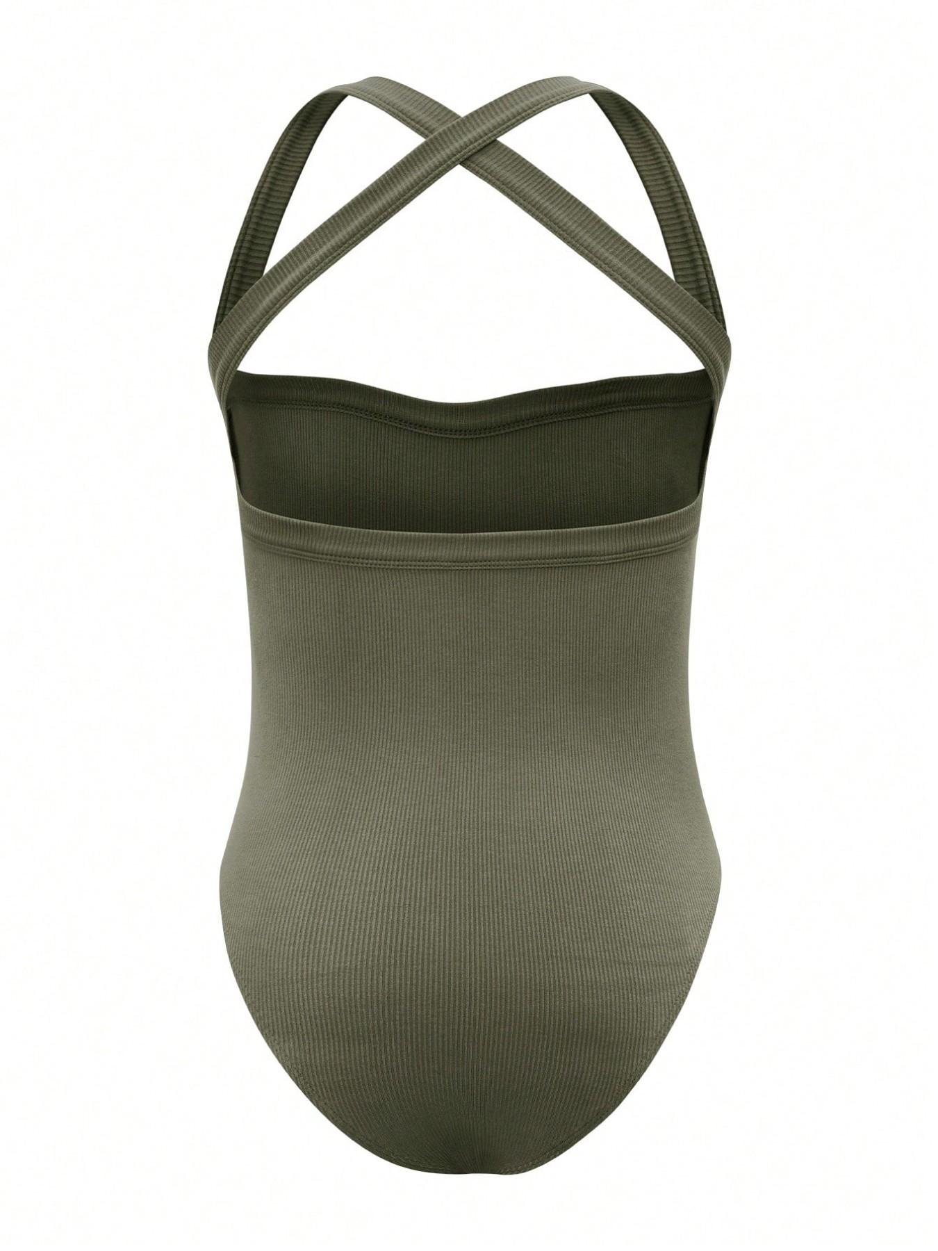 Basic Solid Color Ribbed Halter One-Piece Bodysuit, Cross Back High Cut Design, Sleeveless, Summer Versatile Underwear, Women's Casual Wear, Womenswear, Ribbed Bodysuits