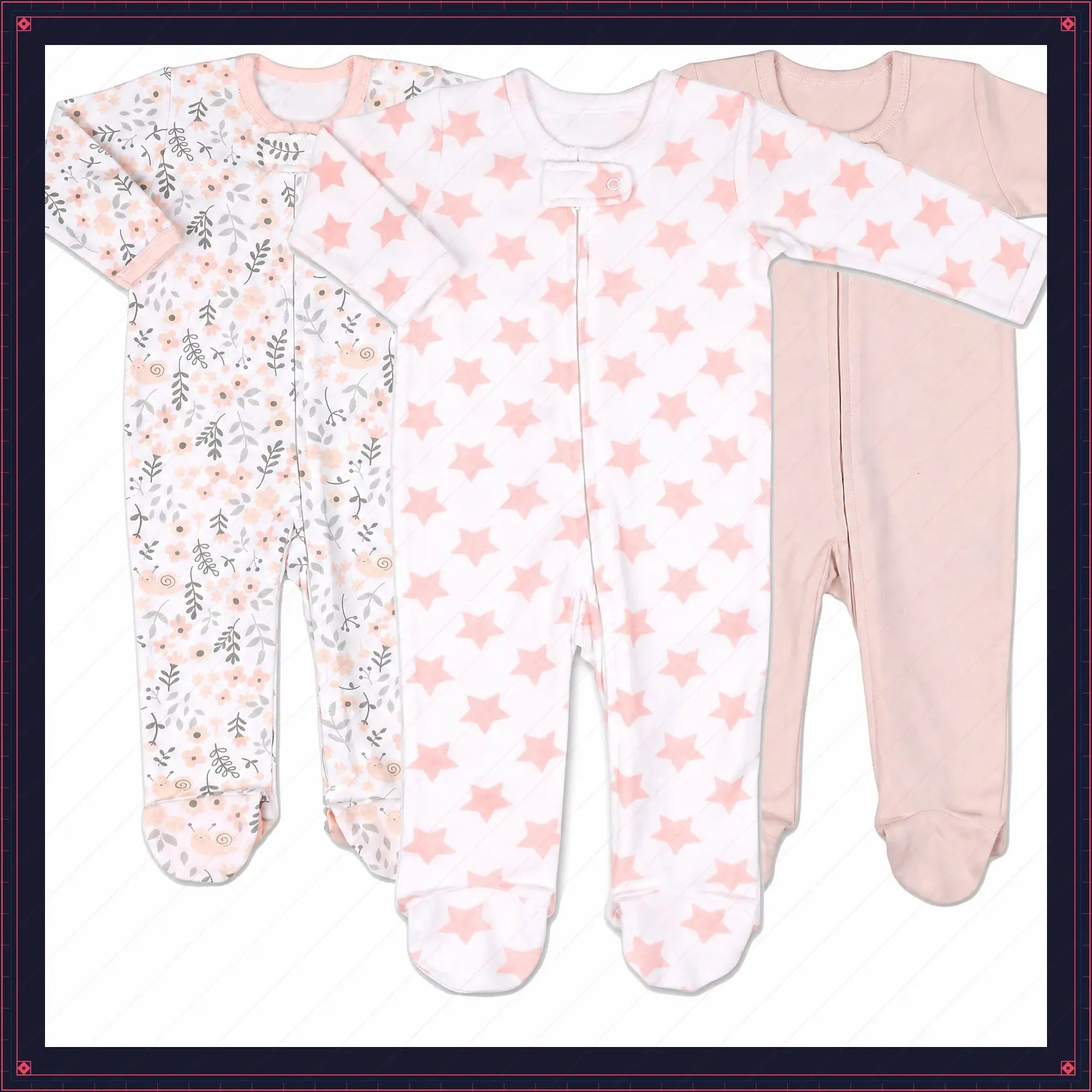 Baby Sleepers for Girls Set of 3 - Soft Cotton Footed Pajamas for Newborns, Infants & Toddlers - FlowerGift