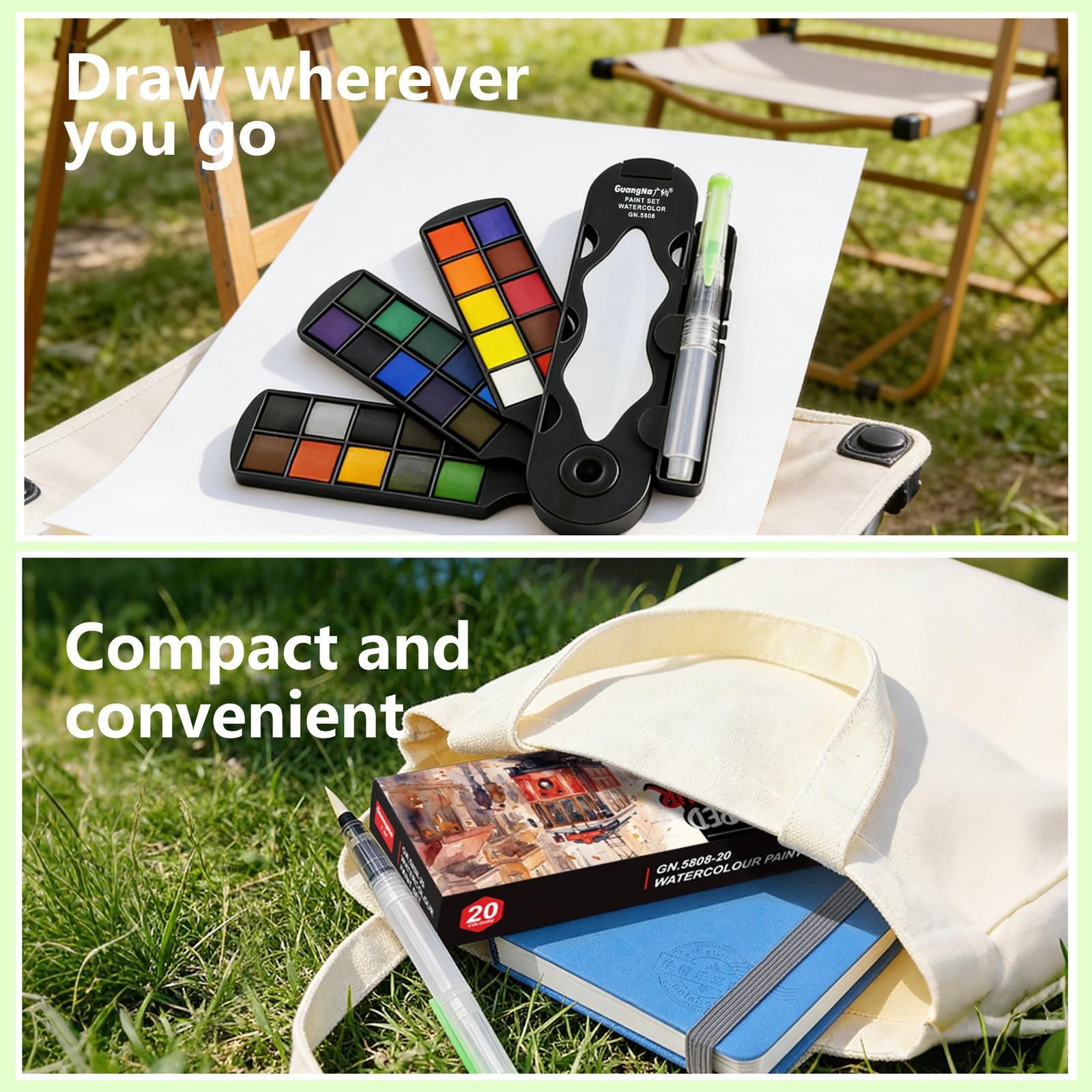 Guangna Watercolor Paint Set, Portable Foldable, Includes Brush & Palette, Ideal for Artists, Outdoor Sketching, 20/30/40 Colors