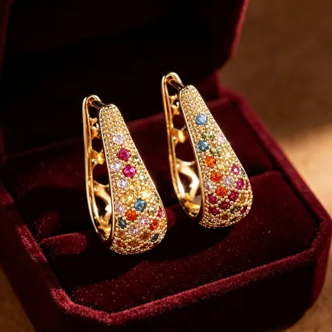 Sparkling Multi‑Gem Paved Teardrop Huggie Earrings, Eye‑Catching Color‑Accent Hoop Earrings, Bold Fashion Ear Jewelry for Ladies Special Occasion